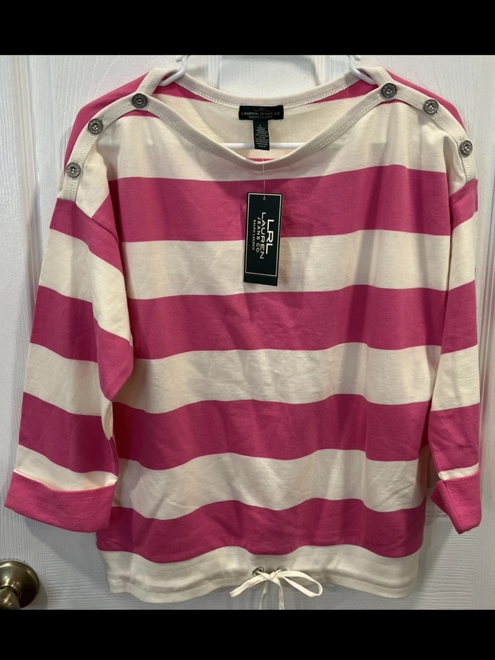 NWT Lauren Ralph Lauren Women's L Pink Ivory Striped Pullover Sweater Top Button